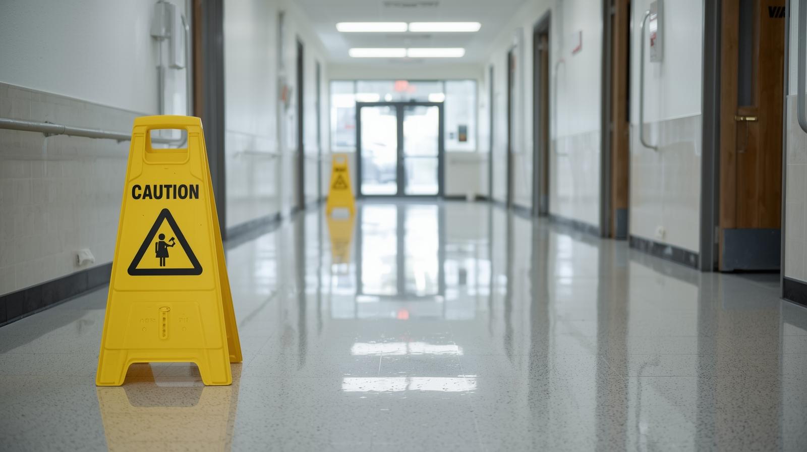 limpieza interior de un edificio de un portal de vecinos sin personas y toque amarillo y la señal de no pasar piso resbaladizo