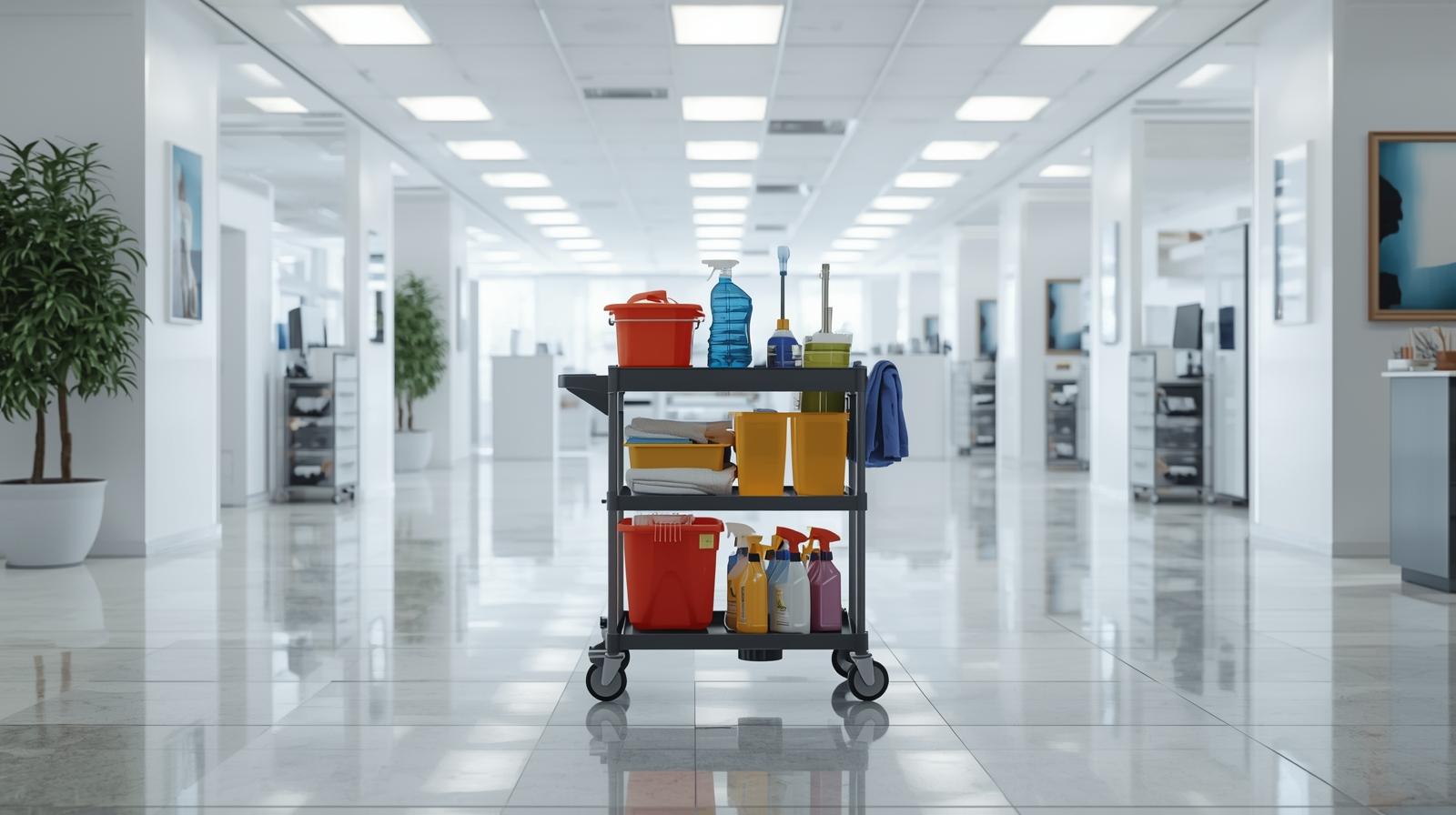 oficina limpia con u n carro de limpieza ,sin gente